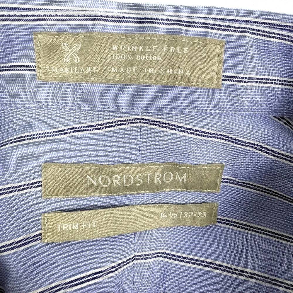Nordstrom Trim Fit Button Up Shirt Mens Sz 16 1/2 32-33 Blue‎ White Stripe Smart